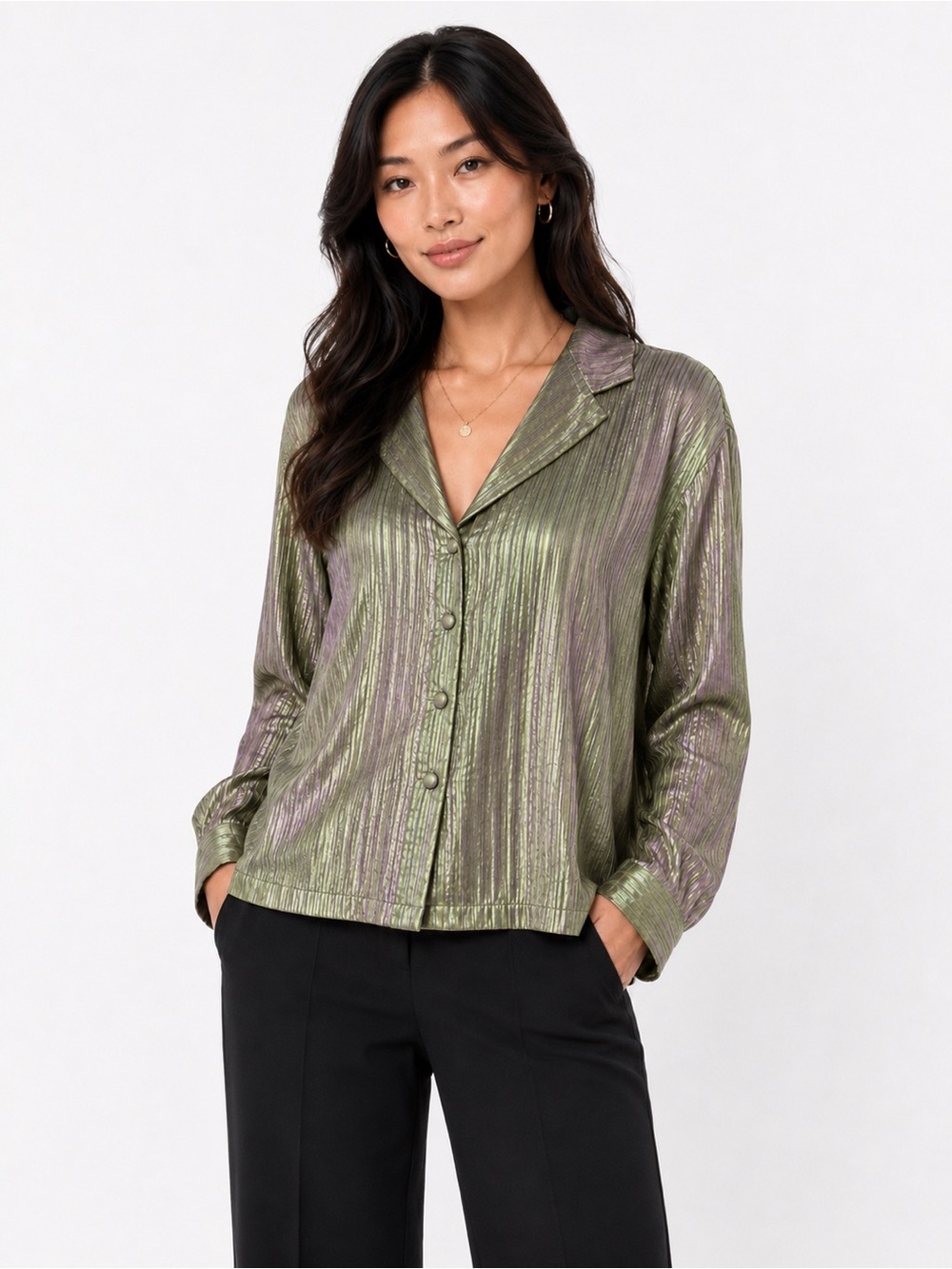 100% Silk Iridescent Pleated Blouse Jacket | Green Purple Shimmer | Size 6